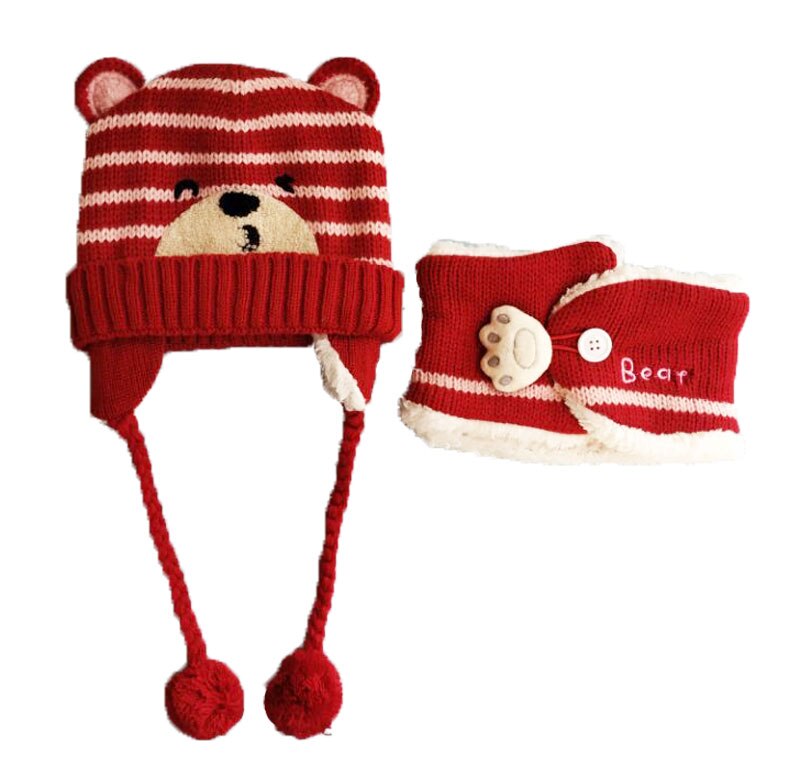 Gorro de invierno para niña, conjunto de bufandas para niños, niños, dibujos animados, oso, rayas, gorro de punto, gorro y bufandas con botón, traje cálido: Rojo