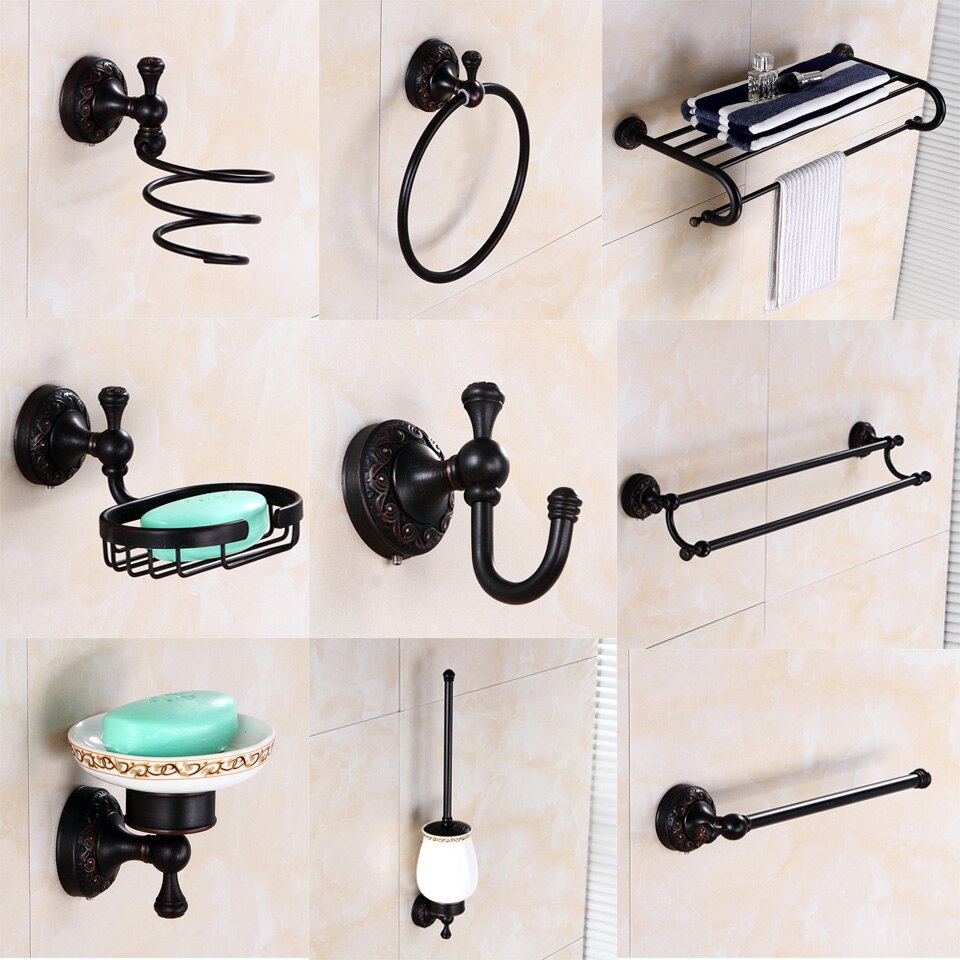 Messing Badkamer Accessoires Set Zwart Gepolijst Robe Haken Zeepbakje Toiletborstel Houders Wc Ringen Asbak Tissue Mand