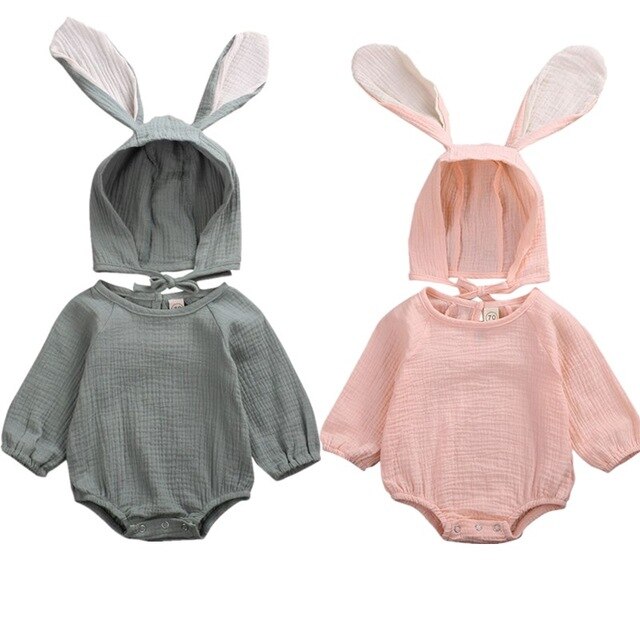 Carino Orecchie di Coniglio corpo da Neonato Ragazze corpo e Tutine Del bambino Del Cotone Vestiti A Maniche Lunghe Tuta + Cappello vestito infantile Della Tuta Della Ragazza