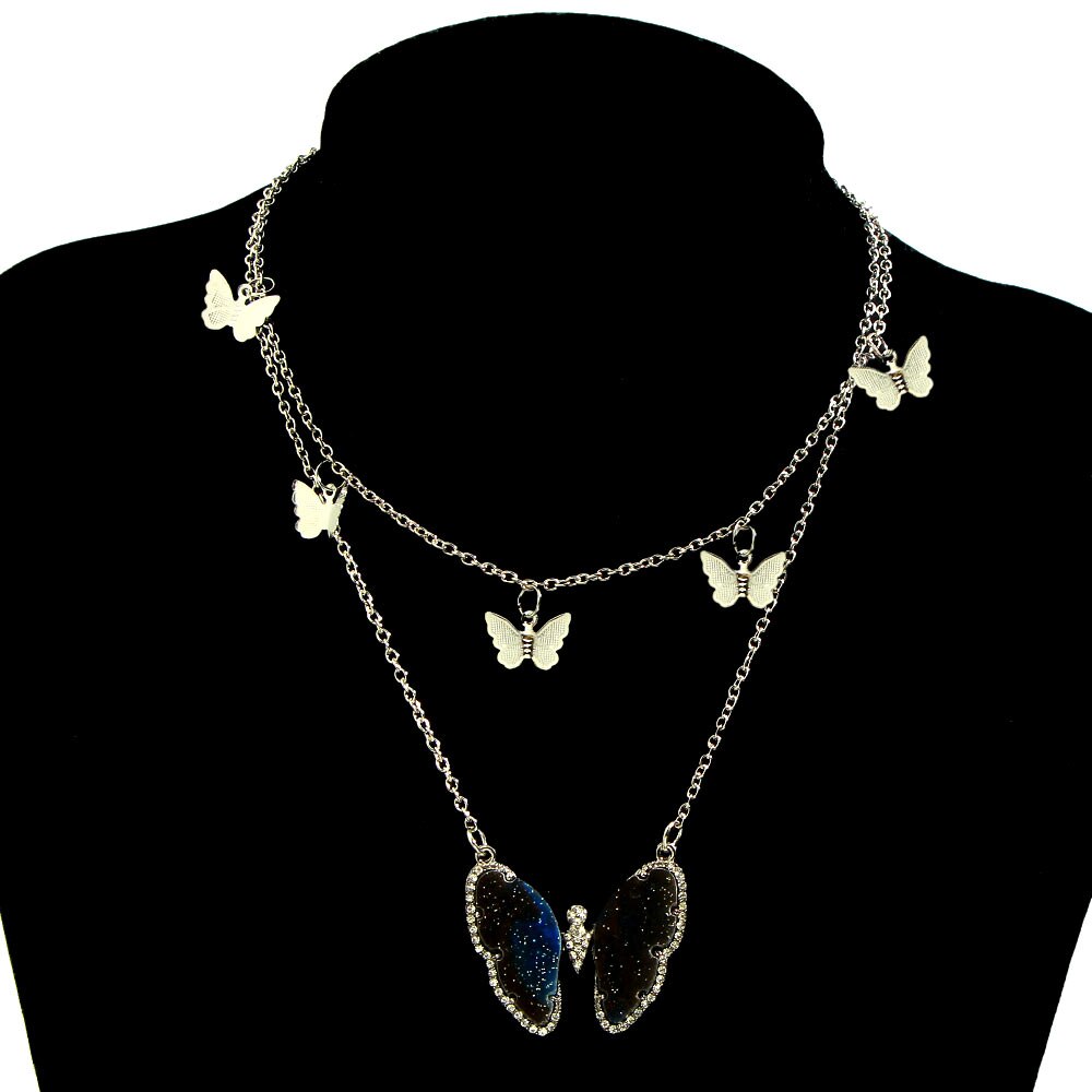 Flatfoosie Trendy Big Butterfly Crystal Pendant Necklace For Women Gold Silver Color Multi-layer Choker Necklace Hip-hop Jewelry: 030902SL