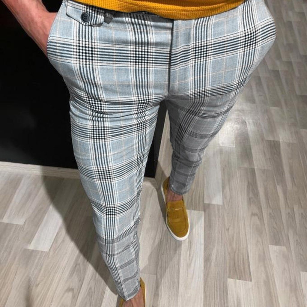 Moda jesień męskie spodnie spodnie Hip Hop Casual nadruk w szkocką kratę sznurkiem w pasie długa, cienka Cargo spodnie dresowe #40: M / Yellow