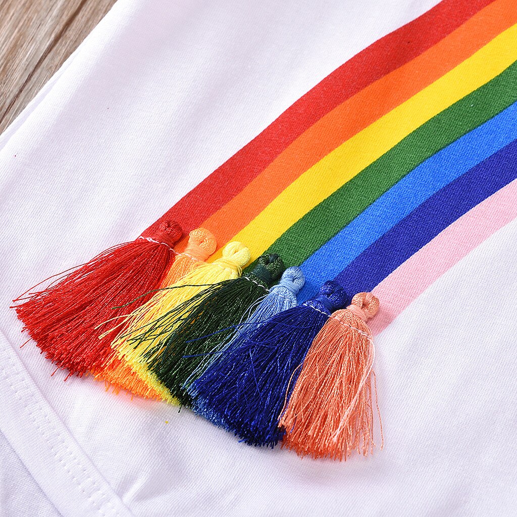 Novo verão bebê macacão recém-nascido infantil meninas meninos moda arco-íris franja impresso borla manga curta bodysuit roupas casuais