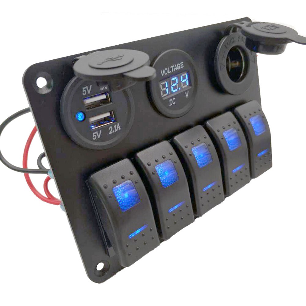5 Gang Switch Panel Dual USB Wiring Kits DC12V~24V Power Socket Marine Boat Car Switch Panel