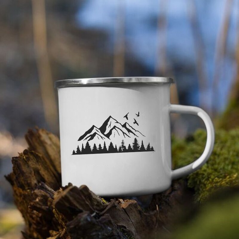 Taza con estampado de bosque y montaña, tazas creativas para café, té, bebidas, agua, desayuno, leche, Camping, senderismo, con asa,: XH1709-A015WH-8