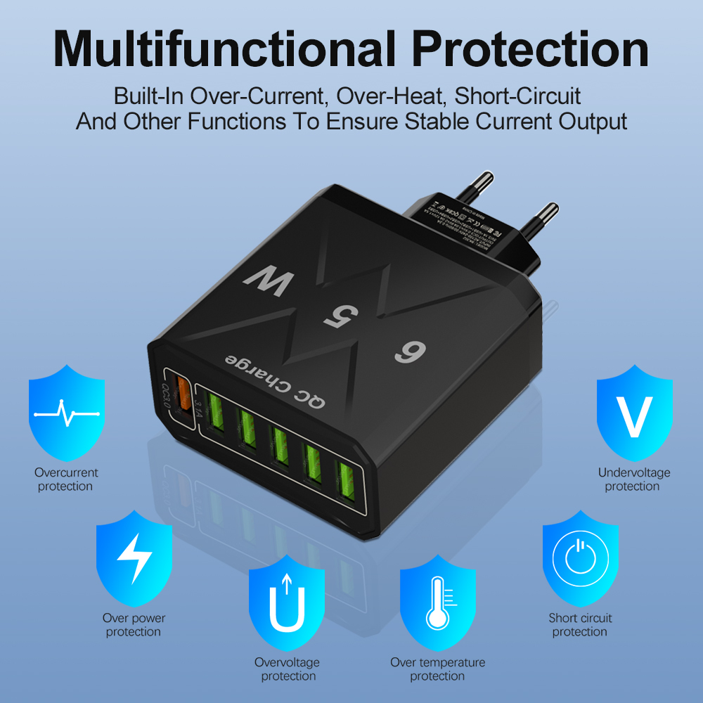 65w mobiele telefoons 6 poorten snellader usb-oplader snellaadadapter 6-- in- -1 qc3.0 us eu-kr-stekker snellader voor iphone