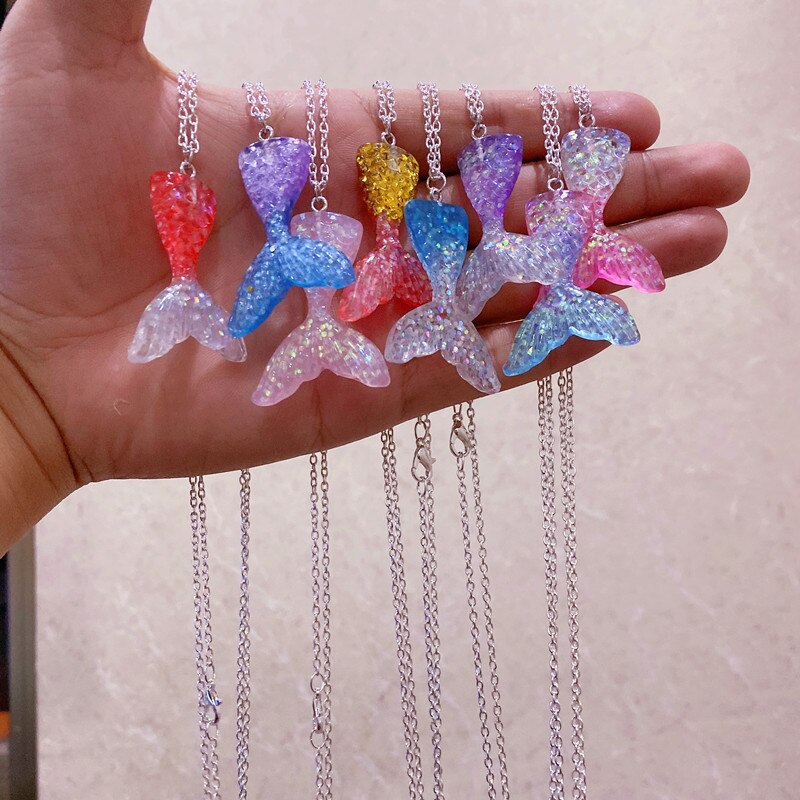 8 stk sæt farverig gradient havfruehale og 8 farver skinnende fiskeskala charme halskæde choker til kvinder piger smykker