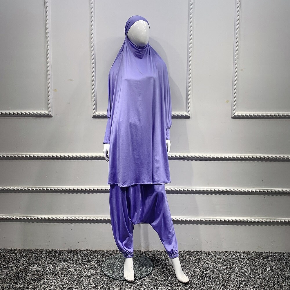 2 sztuka zestaw modlitwa odzież pełna pokrywa sukienka Abaya Eid Ramadan muzułmański islamski długi Khimar Jilbab szaty kobiety workowate spodnie haremki: Purple