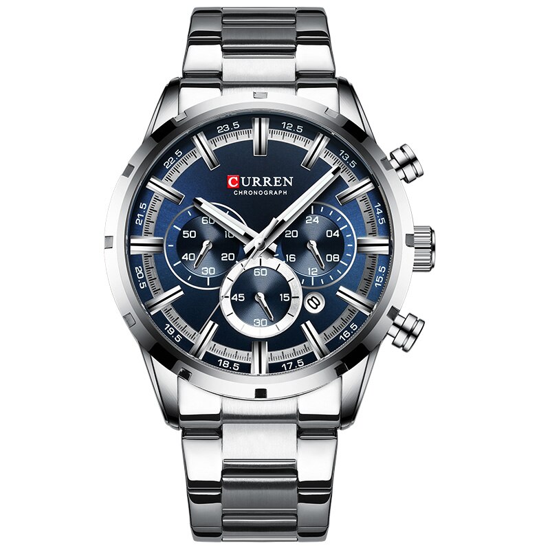 CURREN-reloj deportivo de lujo para hombres, cronógrafo de cuarzo, de pulsera, de acero completo, resistente al agua, Masculino: Silver Blue