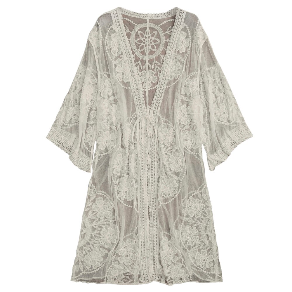 ZAFUL Women Sheer Lace Tie Front Kimono Cover Up Sunscreen Blouse Embroidered Cover Up Floral Thru See Through Cotton Summer: Apricot