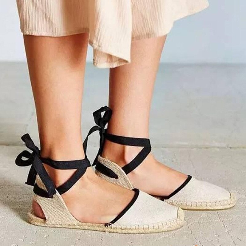 Alpargata de lona MVVJKE para mujer, zapatos planos con correa en el tobillo, parte inferior de cáñamo, zapatos de pescador para Primavera/otoño , mocasines para mujer: Blanco / 9