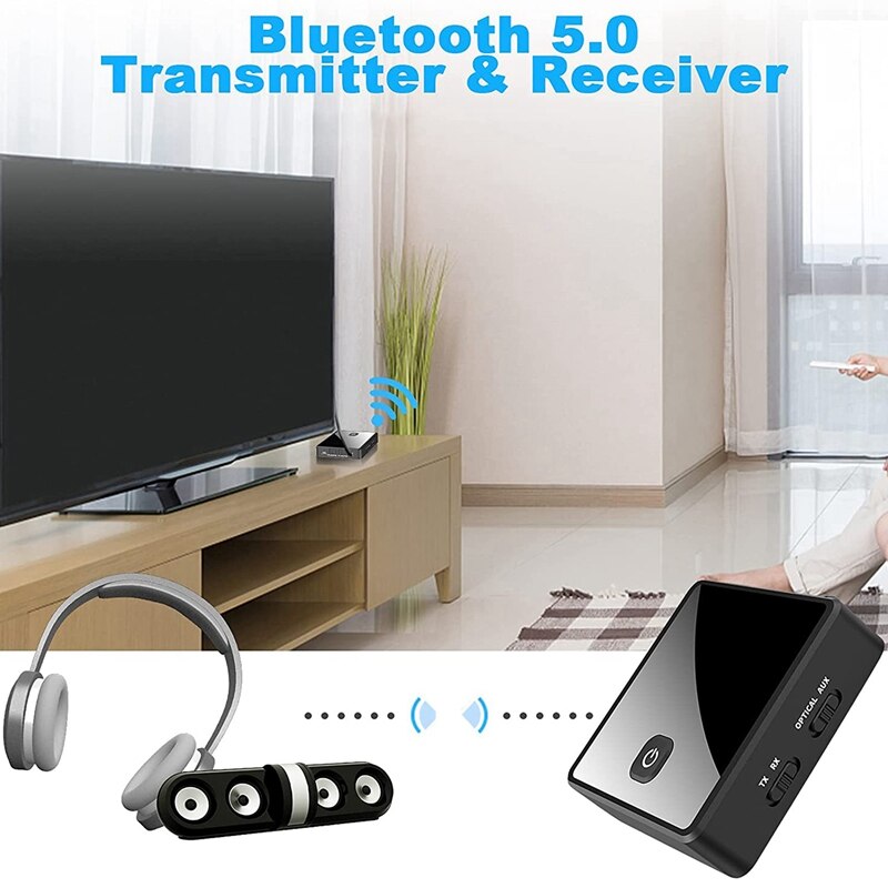 Bluetooth Adapter Transmitter Receiver 2 In 1 Low Latency 5.0 Wireless (Optical,3.5Mm AUX,RCA) Audio Stereo Rechargeable