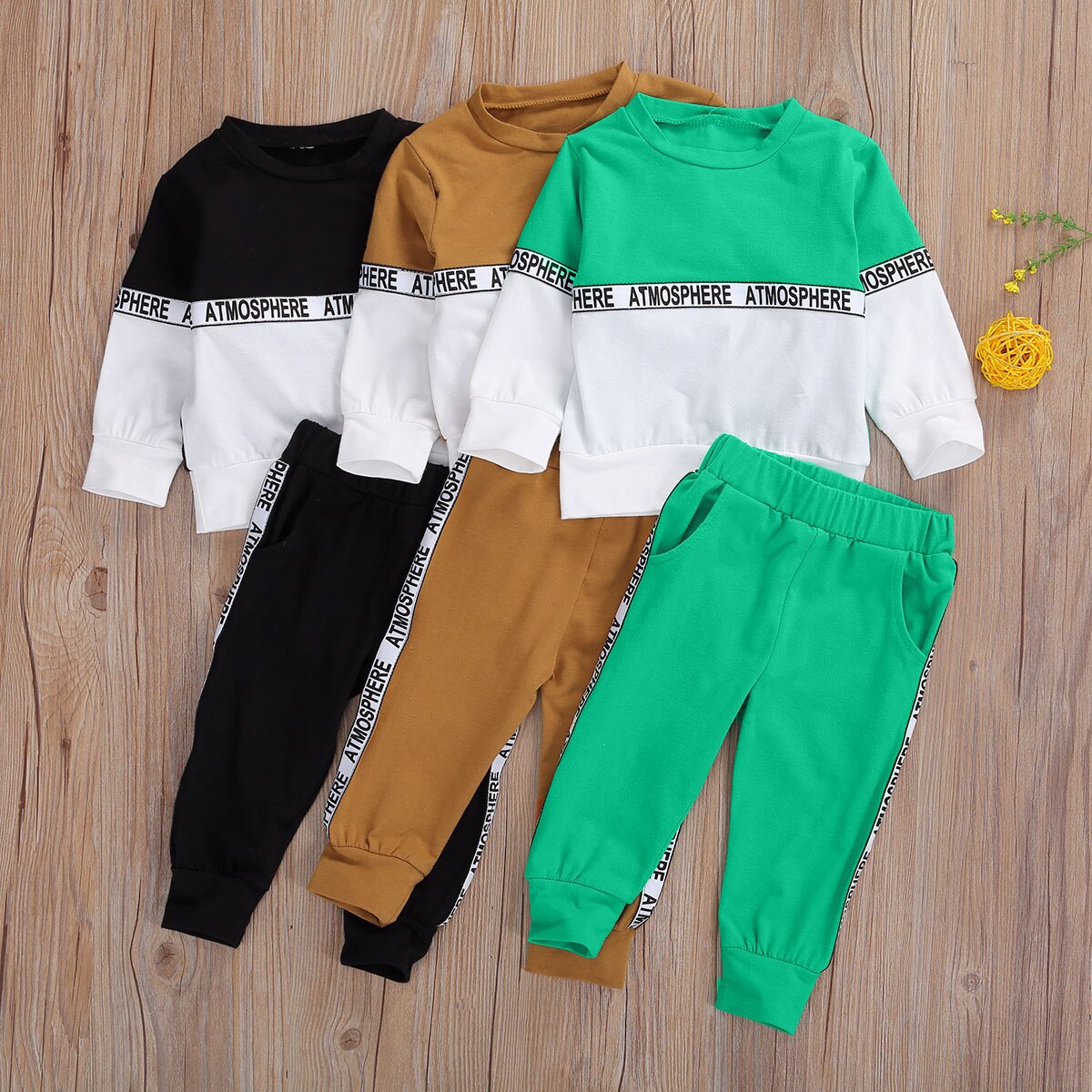 Herfst kinderpak lange mouwen broek pak persoonlijkheid stiksel ronde hals t-shirt + effen kleur elastische lange broek