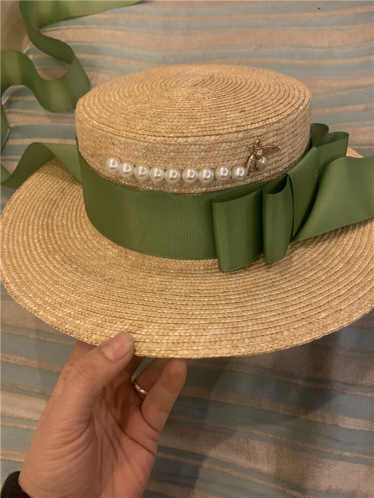 Sombrero de paja con lazo hecho a mano para mujer, gorro largo con lazo para playa, vacaciones, ocio, 01905: with pearl bee