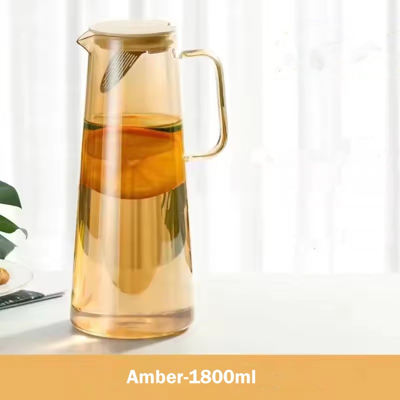 1.8l- glass mugge med lokk, lett å rengjøre, varmebestandig glassvannkanne, kjøleskapskaraffel med håndtak for/kalde drikker: Rosa