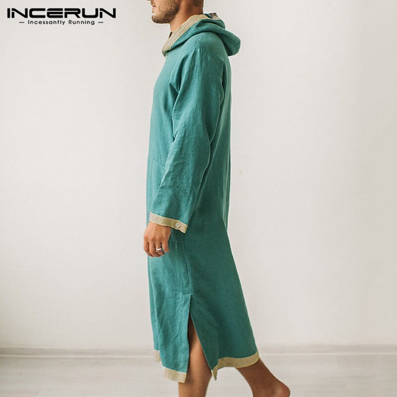 Incerun muçulmano kaftan homem islâmico árabe jubba thobe com capuz retalhos lazer manga longa roupões dubai abaya roupas masculinas plus size