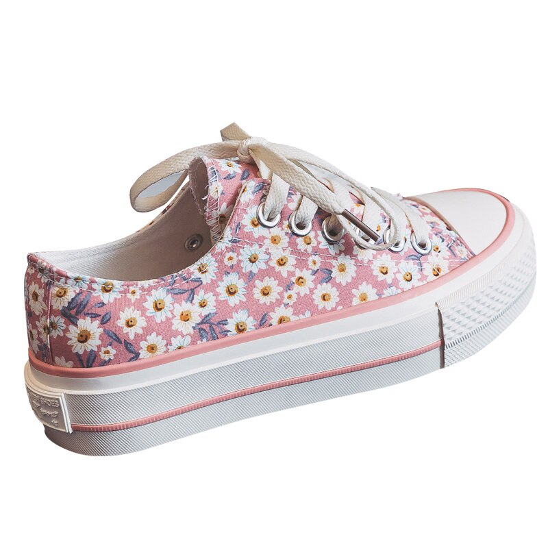 Sommer platform blomster lærred sko kvinder afslappet all-match koreansk stil trendy sko blomster pink sneakers 5.0cm hæl