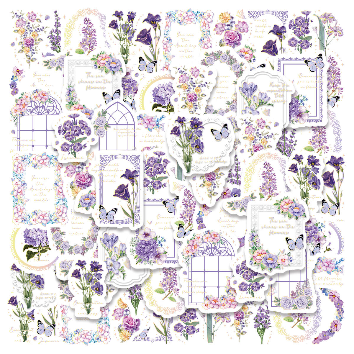 3Sheets PET  Stamping Cultural and  Retro Plants, Purple Flowers, Childhood Waterproof DIY Stickers Rich Patterns