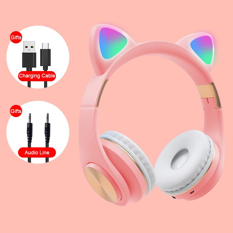 RGB flash light cute cat ear wireless headphones noise reduction headset Bluetooth children's headset with microphone for phone: pink