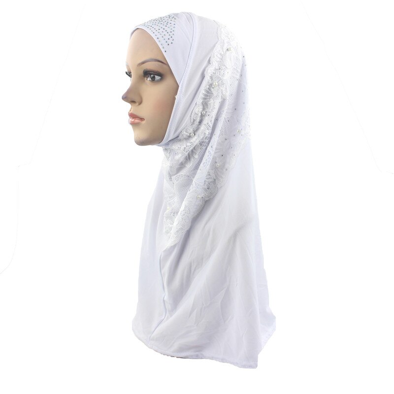 Muslimske kvinder piger hijab islam tørklæde amira håndlavet perle lille diamant blonde patchwork blød stretch: Hvid
