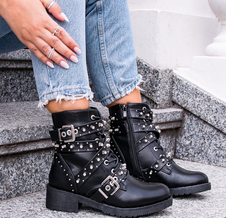 [gogd] botines negros con hebilla y correa para mujer, zapatos con remaches, zapatos punk de motocicleta de pu para mujer