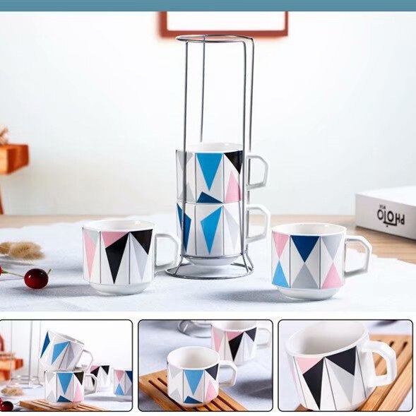 Vasos apilados medianos creativos para el hogar, juego de cuatro piezas, vaso para llevar leche y café: Medium Stacked Cup Geometry
