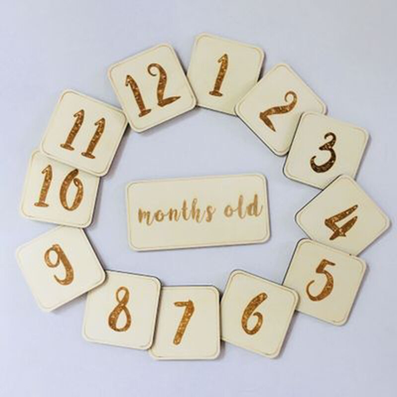 Baby Milestone Card Vintage Numbers Engraved Wood Infants Bathing Newborn Photography Props Set