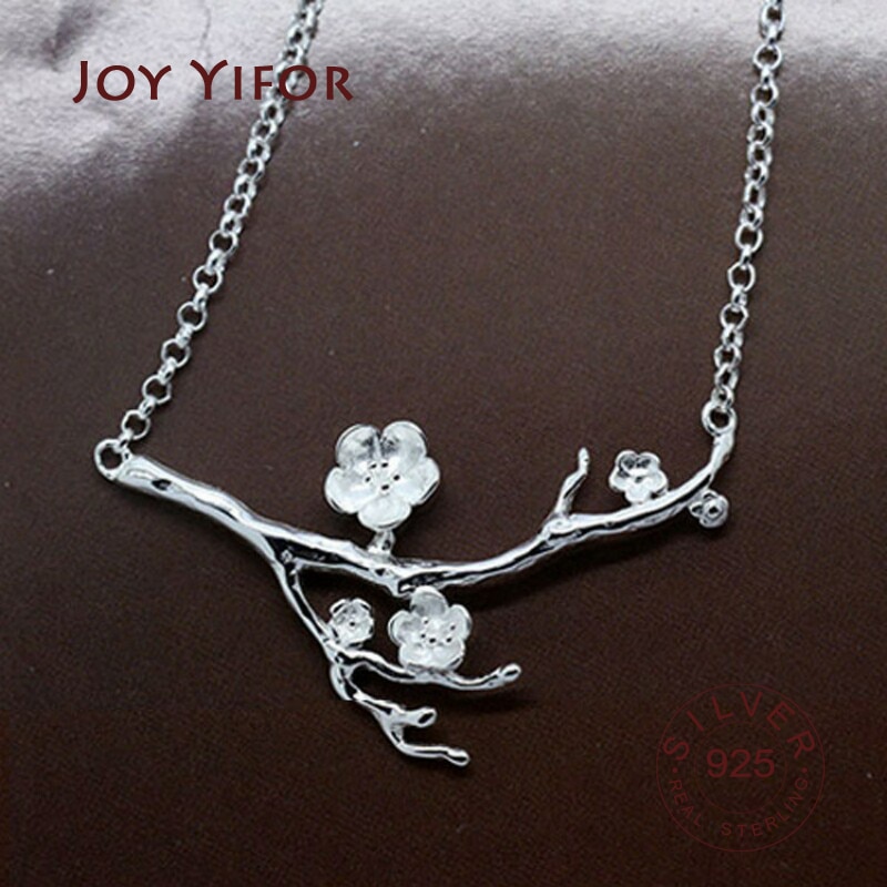 Pure 925 Sterling Silver flower branch Pendant Necklaces for Women Jewely Small Chokers Necklaces Fine Jewelry 4.9