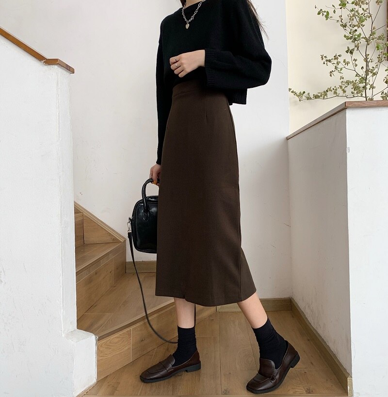 Vrouwen Solid Mid Rok Elegante Formele Office A-lijn Rok Vrouwelijke Split Stijlvolle Lange Lengte Afslanken Leisure Chic Leisure