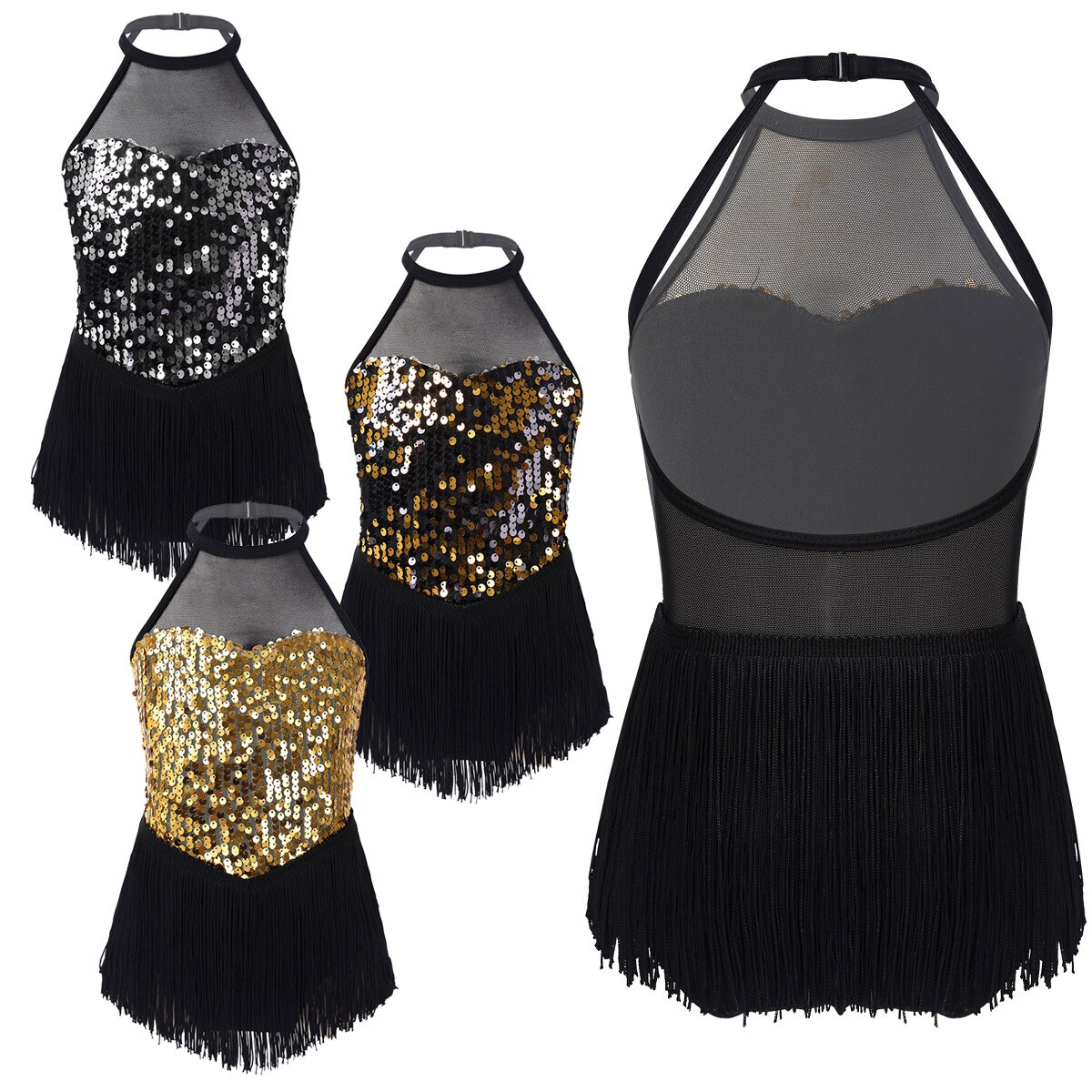 Justaucorps avec jupe à franges pour petites filles, paillettes scintillantes, danse latine, Jazz, col licou, figurine, patinage à glace, Roller, Roller