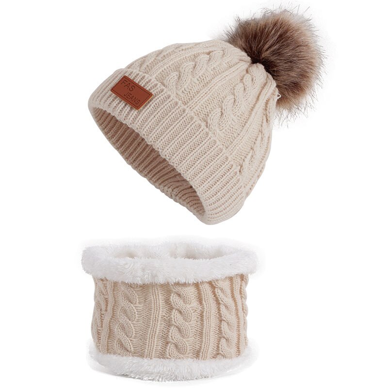 Jul piger søde vinter hat + tørklæde 2 stk sæt nyfødt tørklæde til drenge piger spædbarn bomuld strikket varme uld hatte: Beige