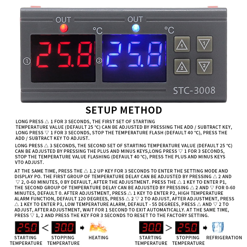 Dubbel digital inkubator termostat temperaturregulator  -3008 intelligent två reläutgångar värme kylning termoregulator