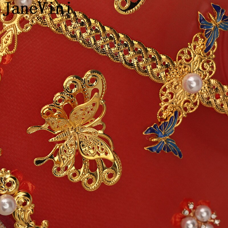 JaneVini bricolage ventilateur de mariée Style chinois Vintage mariage mariée main ventilateur Bouquet à la main perle rouge métal fleur ventilateur support étagère