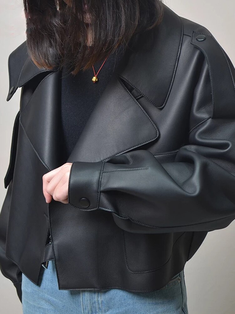 Aelegantmis sort kort løs pu læderjakke efterår vinter blød kunstlæder jakke street casual outwear damer biker jakke