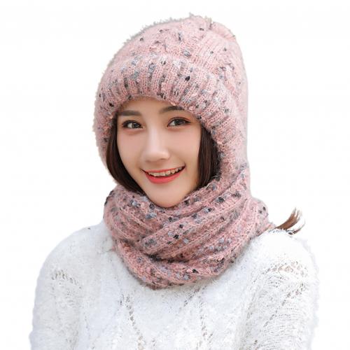 Korean-Style Women Autumn Winter Skullies Beanies Girls Soft Warm Woolen Knitted Circle Loop Scarf Cap Ladies ourdoor sports Hat: Leather Pink