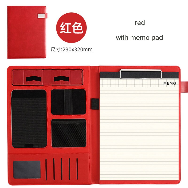 Multifunctional PU Leather A4 File folder Writing Pad Business Sign Conference Padfolio Folder Document Organizer: red