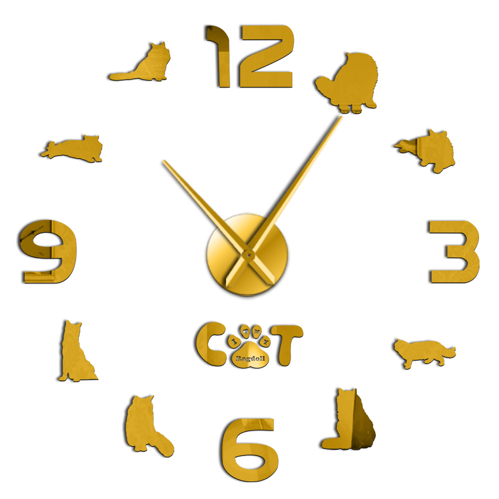 Siamese Katze Ragdoll Katze DIY Große Wanduhr 3D Katze Silhouette Zauberstab Kunst Spiegel Aufkleber Katze Haustier Heimat Dekor Ragdoll liebhaber: Gold / 37 Zoll