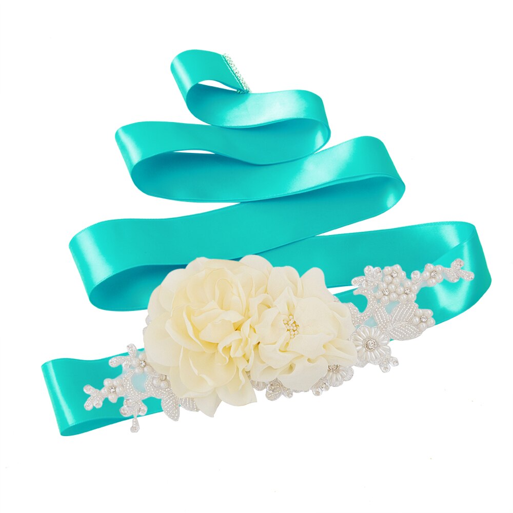 Zms 172 bloemenriem voor bruiloft, lange feestjurk, zwangerschapsjurk, kralenriemen, blauwe bruidsaccessoires, damesriemen: Blauw