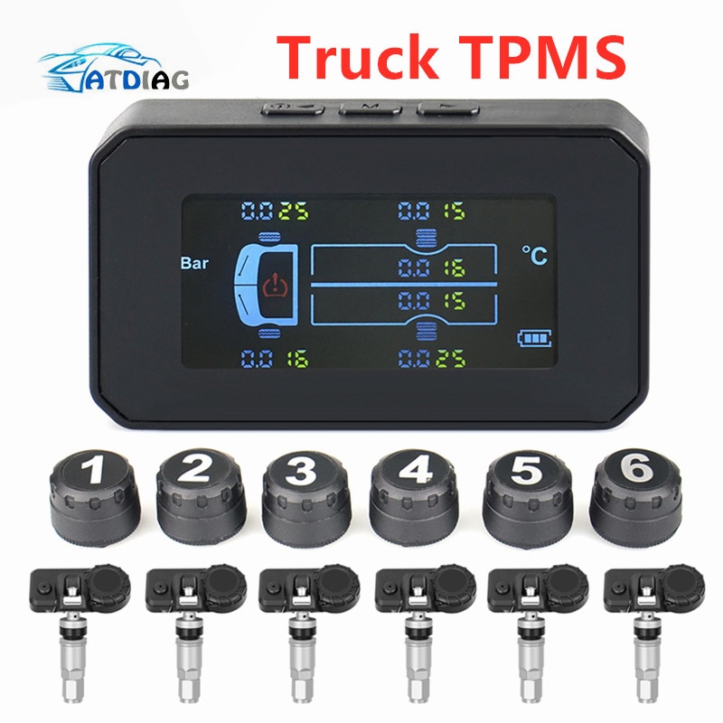 Truck TPMS Tire Pressure Monitoring System TPMS Solar Charge with 6 External Sensors Digital LCD Tyre Temperature Alarm Monitor