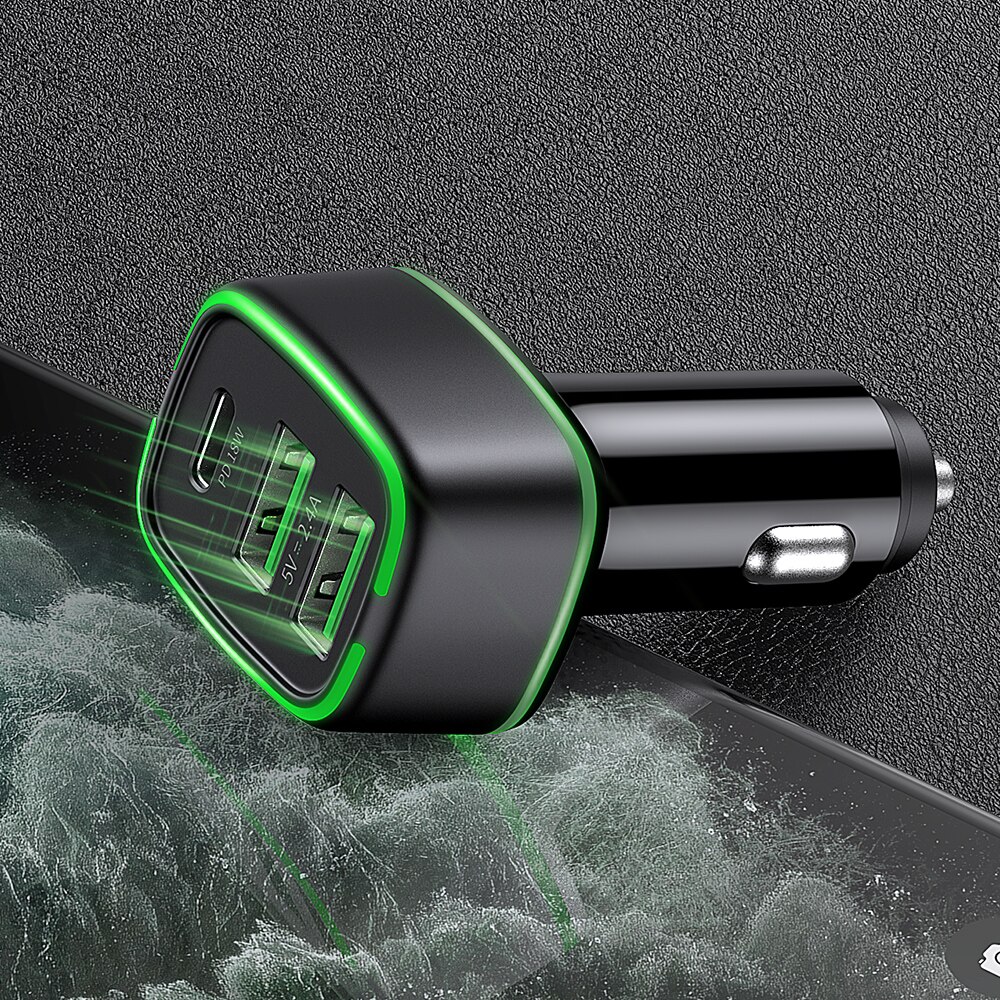 Autolader 18W Usb-poort + 18W Pd Usbc Poort Led Light Quick Charge 3.0 Mobiele Telefoon Fast voor Iphon 12 11X8 Huawei P40 P30 In Auto: Black