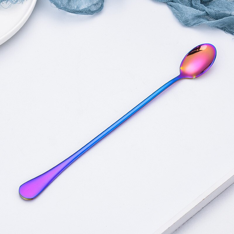 9-Inch Long Handle Iced Tea Spoon, Coffee Spoon, Ice Cream Spoon, Stainless Steel Cocktail Stirring Spoons: Rainbow