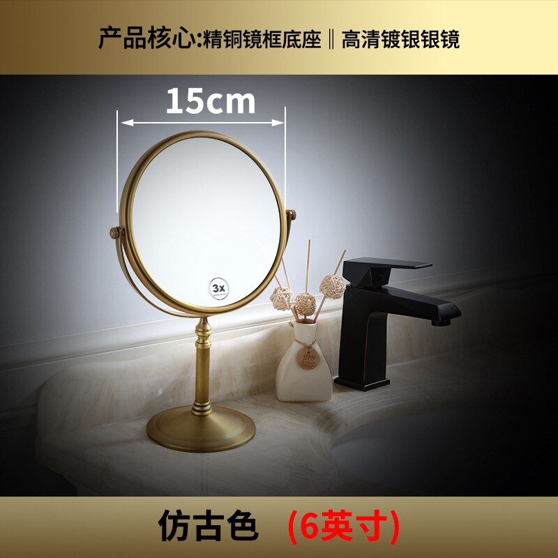Kosmetiske bordspejle rundt skrivebord revolverende messing guld makeup spejl stativ til makeup forstørrelse 3x ovalt dobbeltsidet spejl: Antik 6 tommer