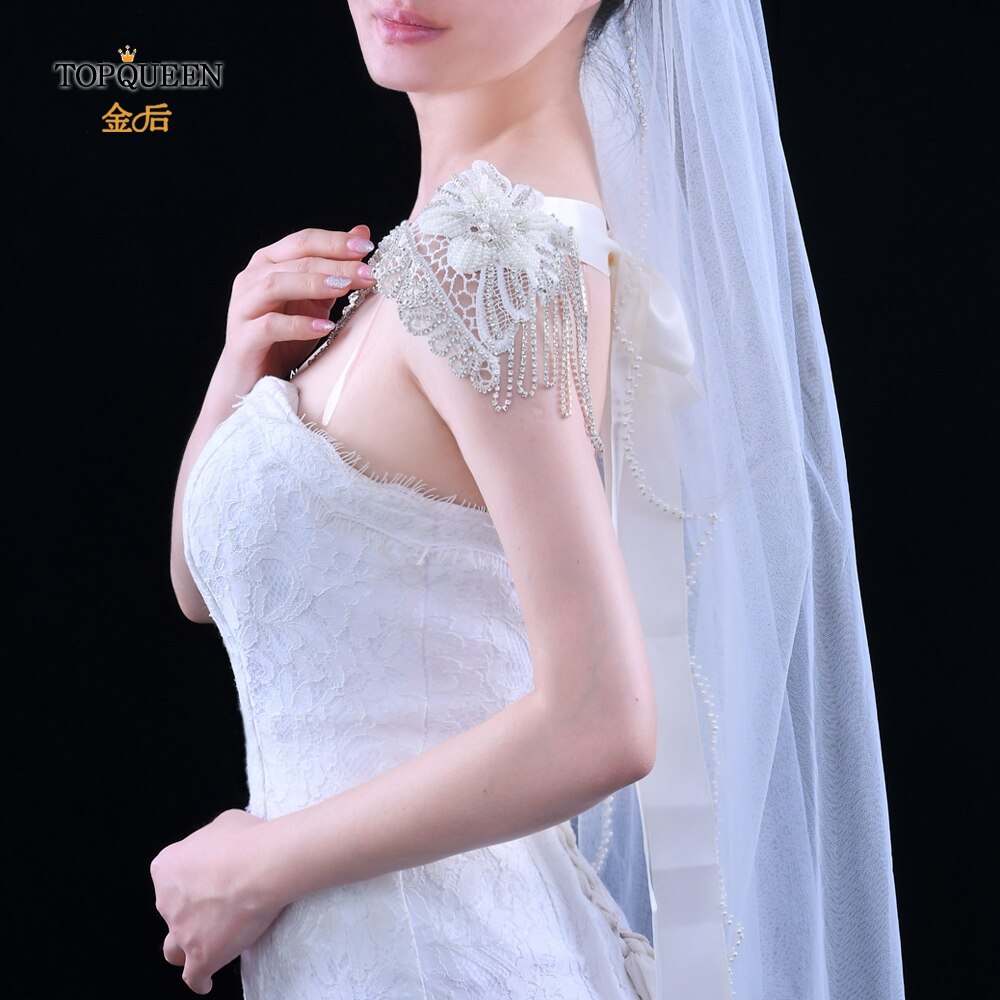 Topqueen G12 Elegante Mesh Geappliceerd Crystal Wedding Shawl Jacket Lace Trim Bruid Mantel Cape Met Parels Bloem Vintage Kwasten