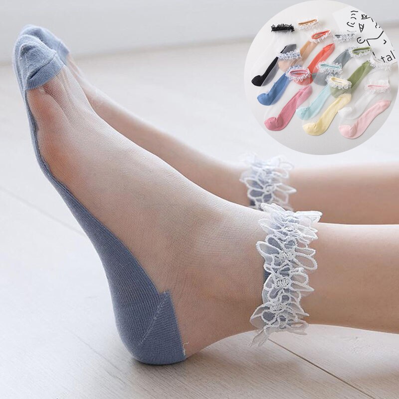 Summer Breathable Ultra-thin Glass Silk Socks Women Geometric Pattern Short Socks Girls Transparent Socks