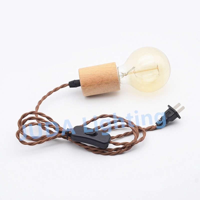 Douille en bois avec câble tressé E27, set de cordon d'alimentation avec cordon d'alimentation avec interrupteur marche/arrêt, base de lampe pour ampoule led, plafonniers