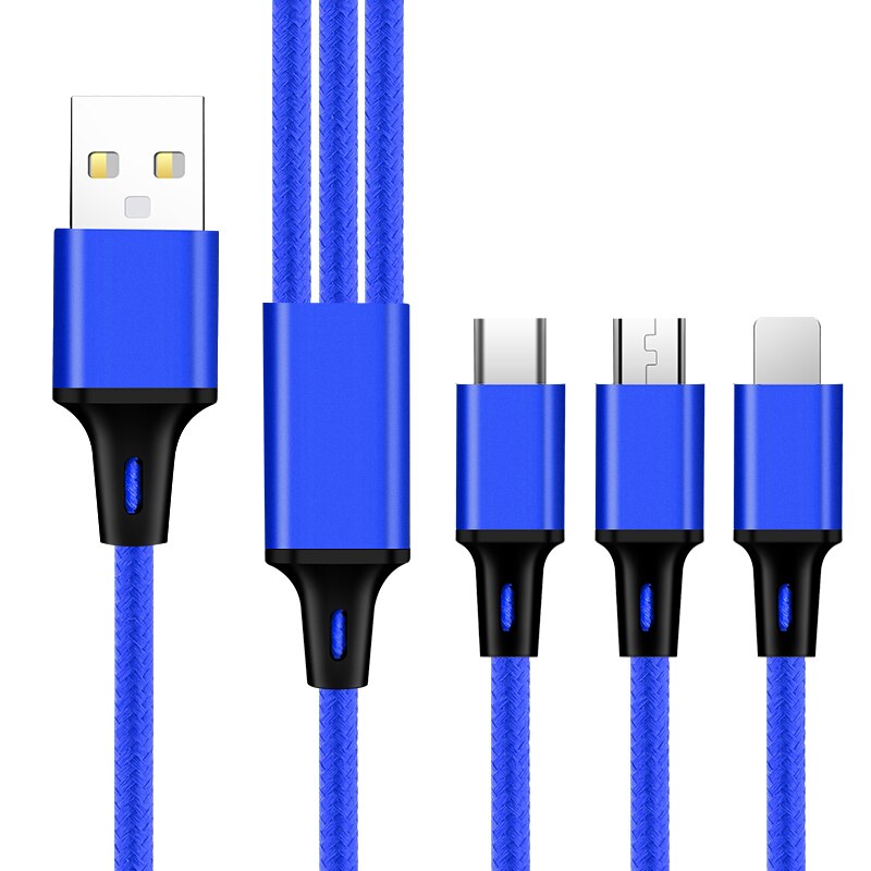 3 in1 2.4A USB Type C Fast Charging Data Cable One For Three Apply To Android Apple Type-C Smartphone 1.2m Nylon Braided Wire: A-BLUE