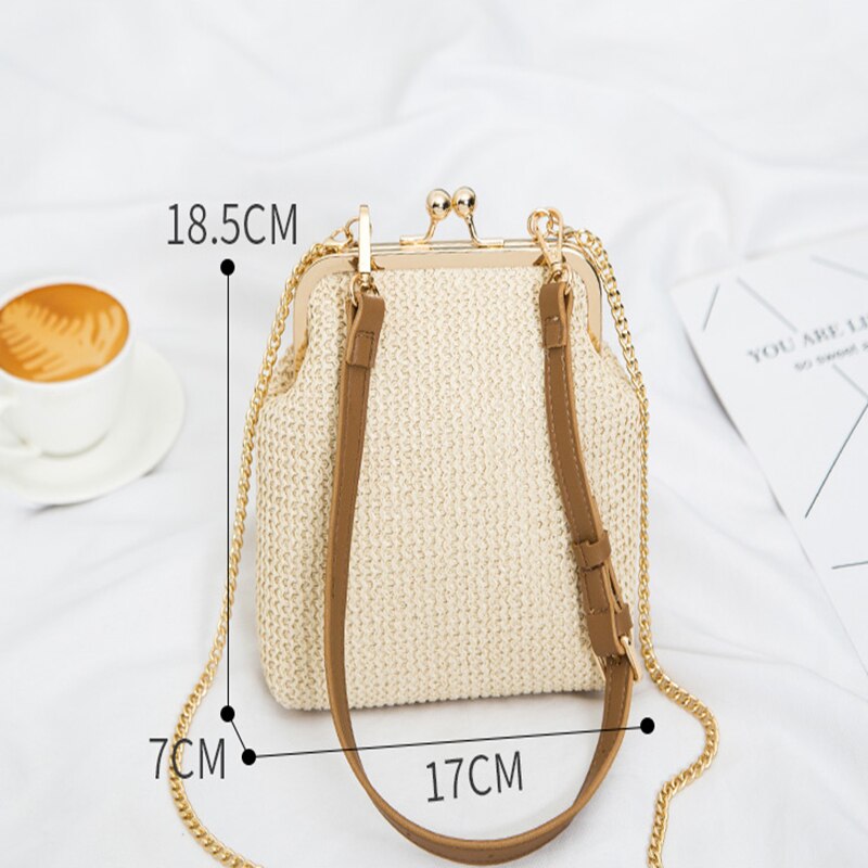 Moda concha saco de palha designer clipe de corrente feminina ombro crossbody sacos rattan bolsas femininas pequeno tecido verão praia bolsas