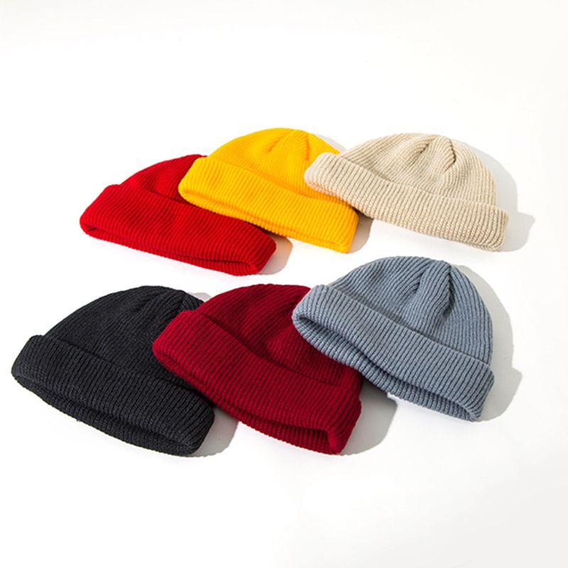 Gorro de punto acanalado con puños para mujer, gorro de melón corto Unisex de punto acanalado de Color sólido, gorro holgado Retro de esquí, gorro de pescador Docker