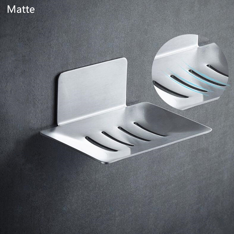 Stainless Steel Soap Holder Rack Wall-mounted Bathroom Accessories Punch-free Soap Box Hanger Draining Storage Plate: Silver Matte