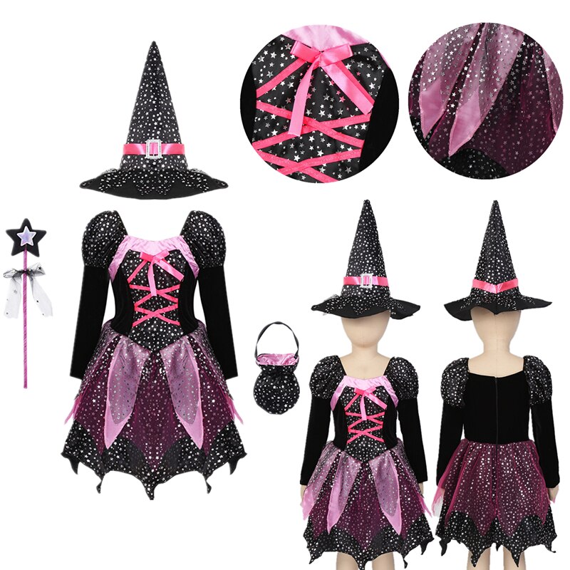 Robe en Tulle pour enfants, tenue de Costume pour filles, manches longues, étoiles argentées scintillantes, robe imprimée avec chapeau pointu, baguette, ensemble de sacs à bonbons