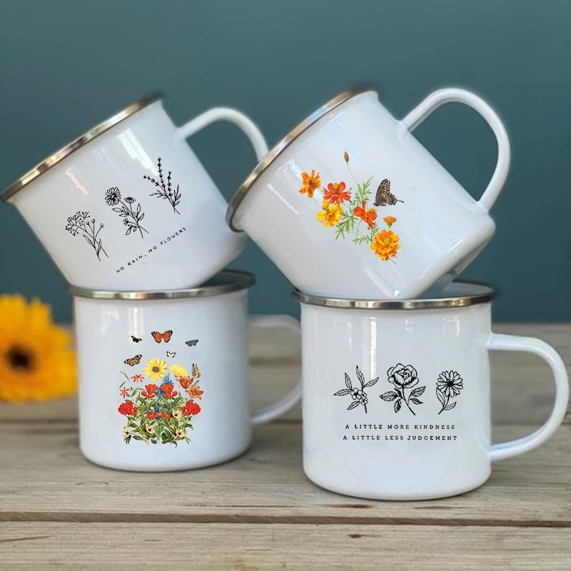 Ingen regn ingen blomst print emalje krus vintage kaffe vin kopp drikke dessert melk kopp camping krus håndtak drinkware
